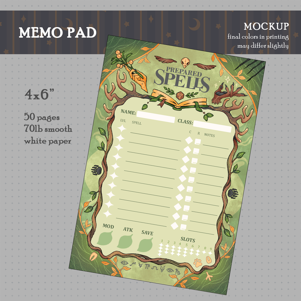 D&D Prepared Spells Memo Pad (Druid/Transmutation)