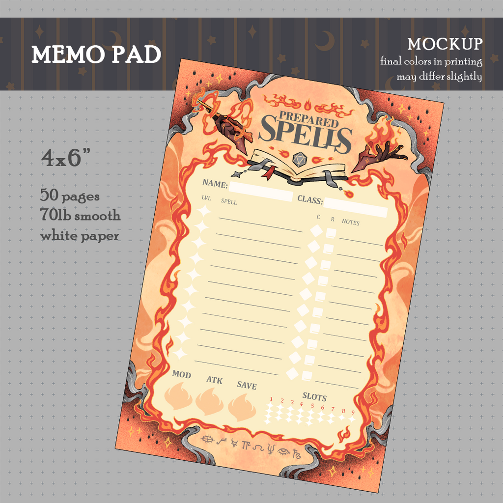 D&D Prepared Spells Memo Pad (Evocation)
