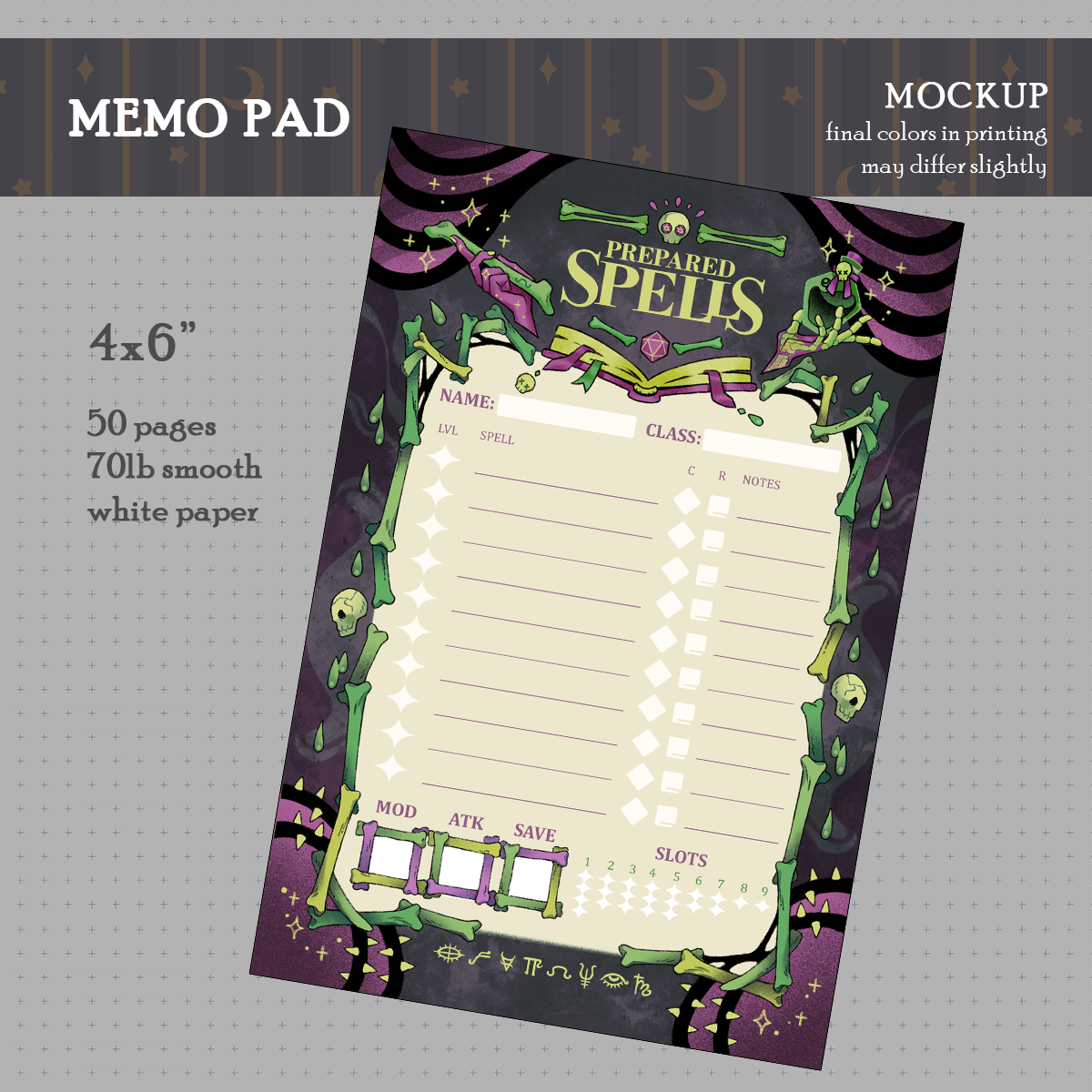 D&D Prepared Spells Memo Pad (Necromancy)